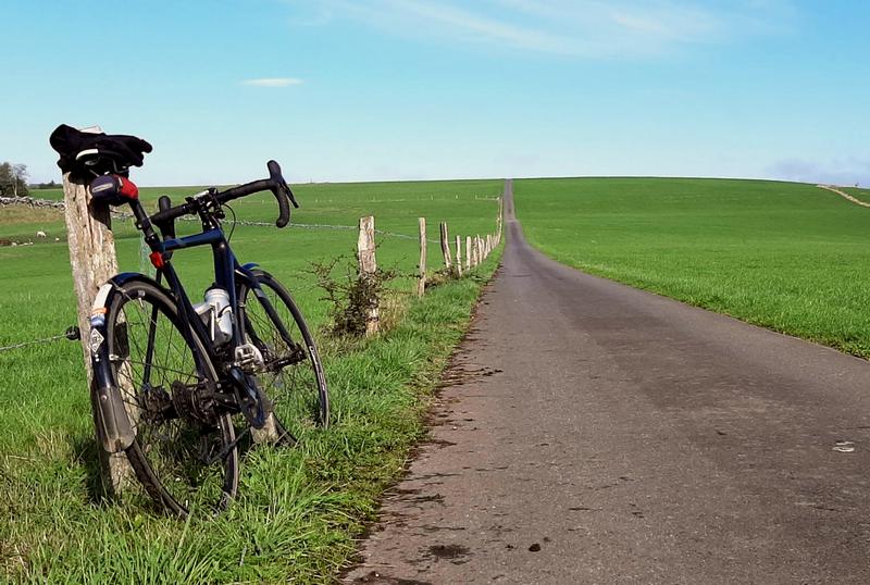 Ein Fahrrad lehnt an einem Zaun links neben einem asphaltierten Feldweg