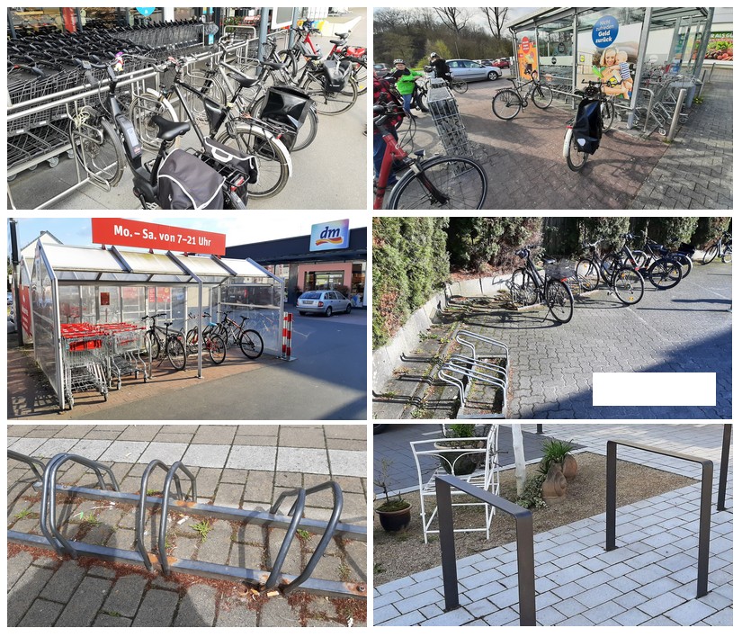 Eine Collage aus sechs Bildern, die jeweils eine andere Fahrradabstellanlage zeigen