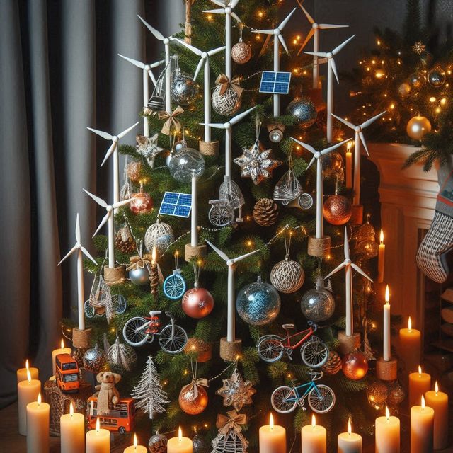 Weihnachtsbaum mit Windrädern als Kerzen und Schmuck, der aussieht wie Fahrräder, Solarpanels und Linienbussen