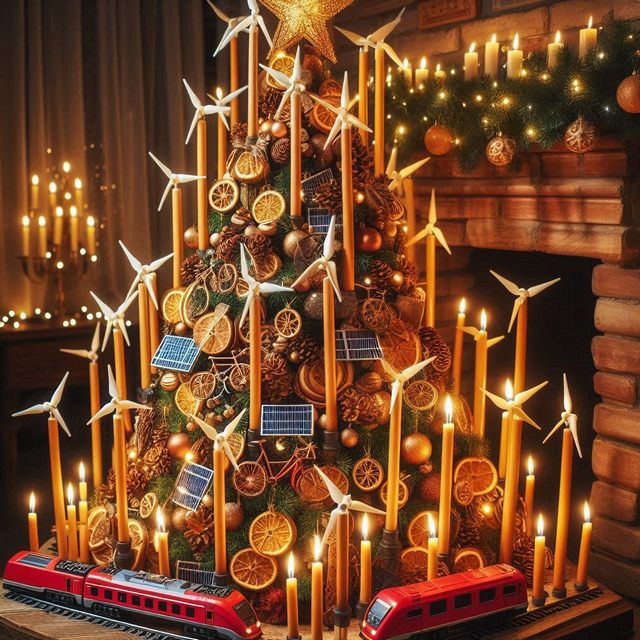 Weihnachtsbaum mit Windrädern als Kerzen und Schmuck, der aussieht wie Fahrräder, Solarpanels und Zügen