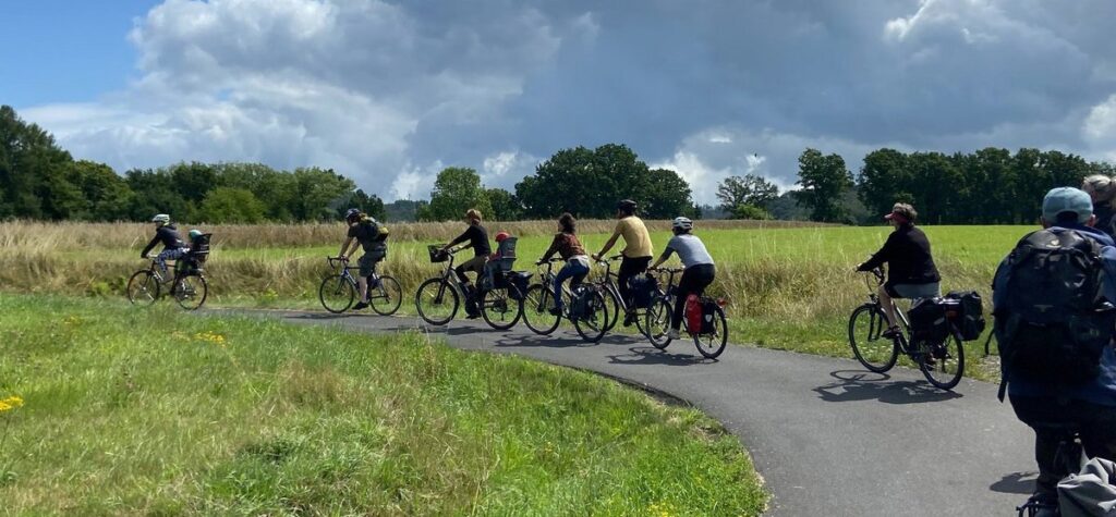 Mehrere Radfahrende von hinten, die einen Asphaltweg durch eine Wiese fahren.