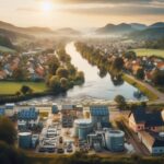 Im Vordergrund ein kleines Klärwerk umgeben von mehreren Wohnhäusern, die sich im Hintergrund mit Hügeln und einem Fluss und leichtem Nebel verlieren.