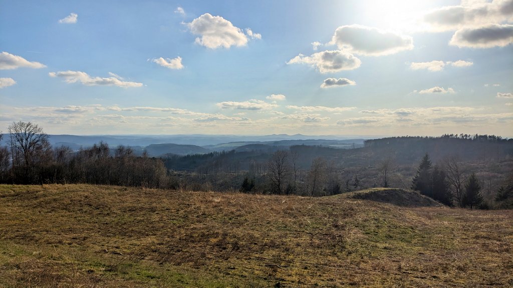 Ausblick vom Hohen Wäldchen über sanfte Hügelketten, am Horizont das Siebengebirge